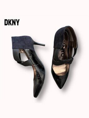 DKNYC patent faux leather and suede pumps